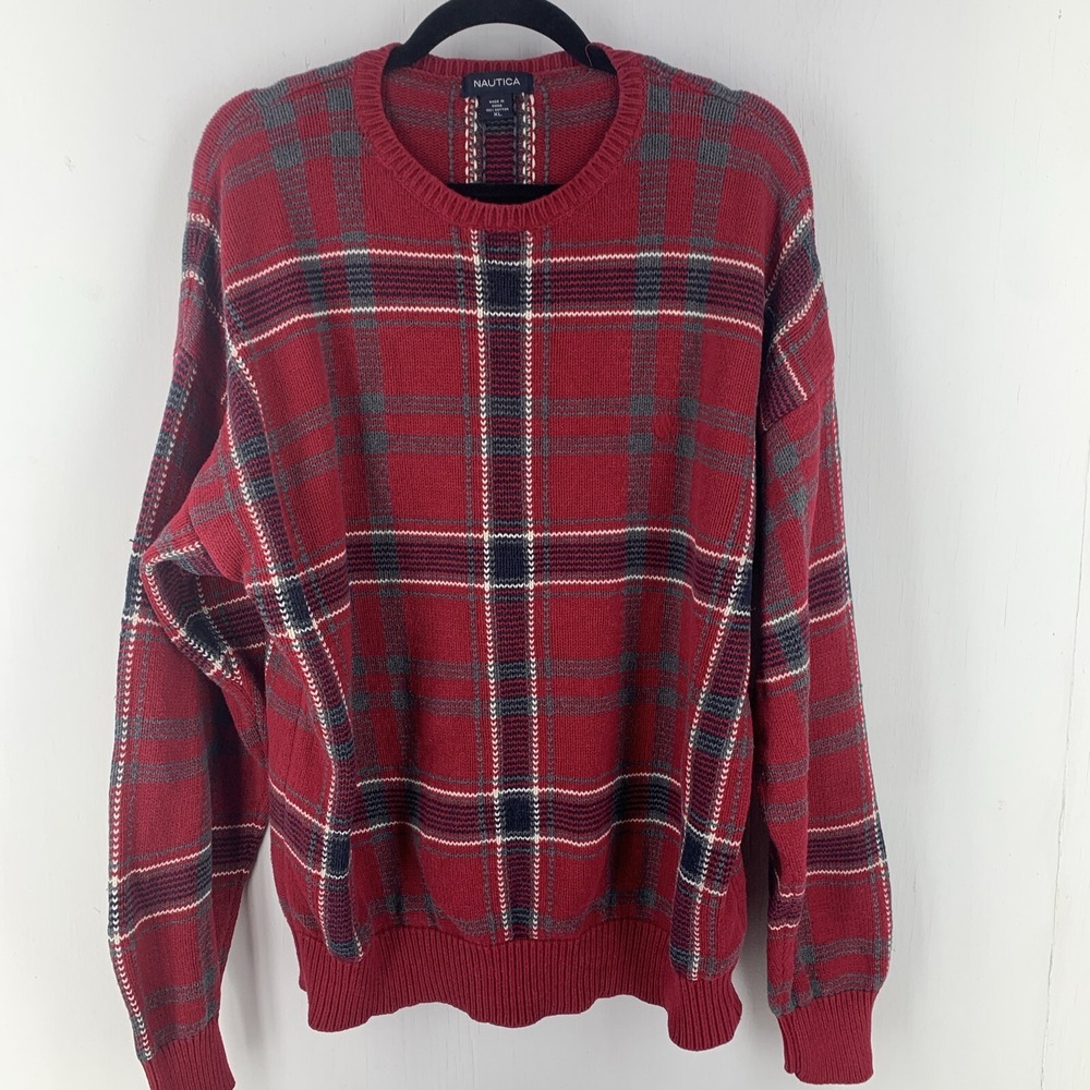 Vtg 90s Nautica Mens XL Red Tartan Plaid Crew Neck Cotton Knit Pullover Sweater